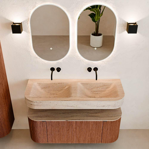 MONDIAZ THOR-DLUX 120cm badmeubel ronding links + rechts kleur Ruby met 1 lade en 2 deuren. Vrijhangende wastafel CLOUD Dubbel zonder kraangat kleur Saba. SW1463469