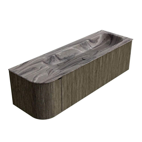 MONDIAZ KURVE-DLUX 145cm badmeubel ronding Links kleur Shadow met 1 lade en 1 deur. Wastafel BIG LARGE Rechts 1 kraangat Sombra. SW1433784