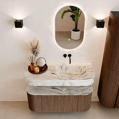 MONDIAZ THOR-DLUX 110cm badmeubel ronding links + rechts kleur Walnut met 1 lade en 2 deuren. Vrijhangende wastafel CLOUD Rechts zonder kraangat kleur Glace. SW1462798