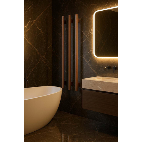 Hotbath &MORE Handdoekradiator - 57x115cm - rond - 3 stangen - verticaal - met schakelaar - PVD - geborsteld koper SW1245715