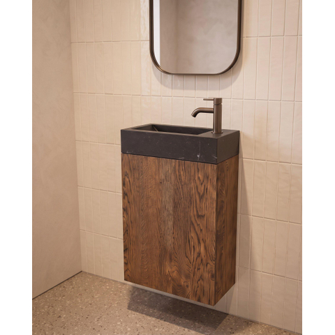 Saniclass Holz Pure Toiletmeubelset - 40x60.5cm - 1 deur - fontein natuursteen donker - kraangat rechts - eiken charcoal SW1577767