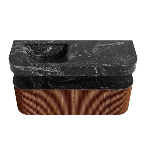 MONDIAZ THOR-DLUX 130cm meuble de salle de bains arrondi gauche + droite couleur Ruby avec 1 tiroir et 2 portes. Vasque suspendue CLOUD Gauche 1 trou de robinet couleur Lava. SW1463711