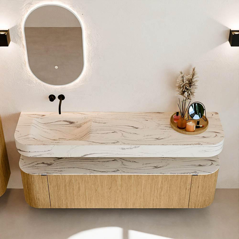 MONDIAZ THOR-DLUX Meuble de salle de bains 170cm arrondi gauche + droite couleur Oak avec 1 tiroir et 2 portes. Vasque suspendue CLOUD Gauche sans trou de robinet couleur Nata. SW1465763