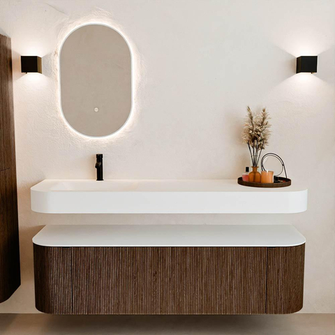 MONDIAZ THOR 160cm badmeubel ronding links + rechts kleur Walnut met 1 lade en 2 deuren. Vrijhangende wastafel CLOUD Links 1 kraangat kleur Talc. SW1465006