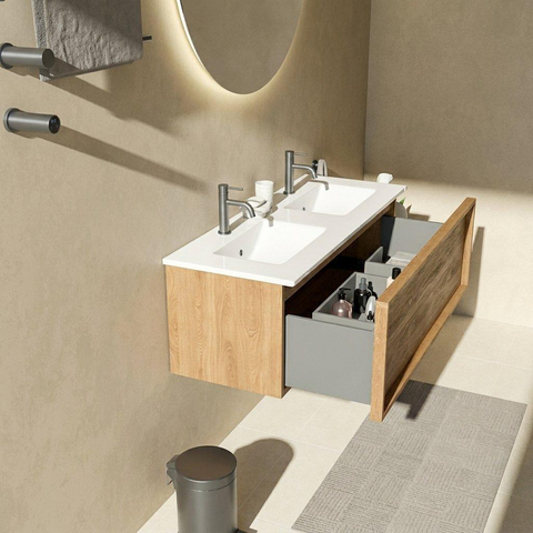 Saniclass Holz Frame Ensemble meuble de salle de bains - 120x45x42cm - Vygo lavabo en céramique blanc - 2 vasques - 2 trous de robinetterie - 1 tiroir - chêne natural mat (bois) SW1478923