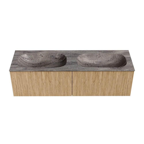 MONDIAZ KURVE-DLUX meuble de salle de bains 150cm couleur Oak avec 2 tiroirs et 0 portes. Lavabo STOR SMALL Double 2 trous de robinet Oza. SW1432698