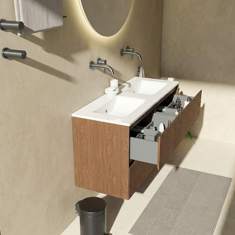 Saniclass Holz Atelier Badkamermeubelset - 120x45x62cm - Vygo keramische wastafel wit - 2 wasbakken - zonder kraangaten - 2 lades - mat walnut pure (hout) SW1437733