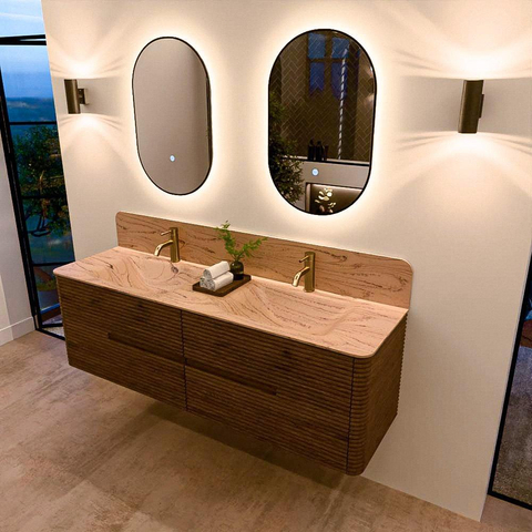 Mondiaz CIRO-DLUX Badkamermeubelset - 160x45x50cm - Solid surface wastafel Arena - 2 wasbak Dubbel - 2 kraangaten - 4 lades - Dusk SW1533113