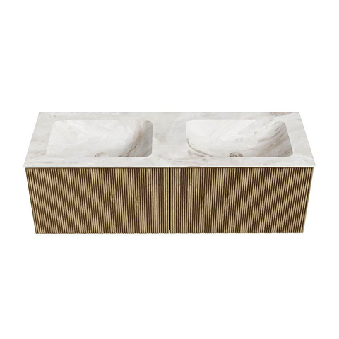 Mondiaz KURVE-DLUX Badkamermeubelset - 130x46x40cm - 2 lade - wastafel solid surface - dubbel - 2 kraangaten - Dusk SW1415014