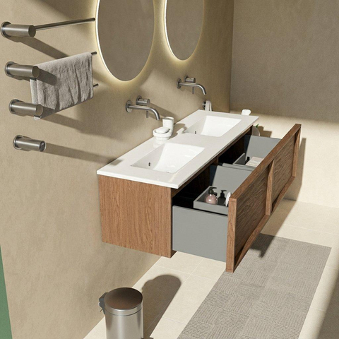 Saniclass Holz Frame Ensemble meuble de salle de bains - 140x45x42cm - lavabo Vygo en céramique blanc - 2 vasques - sans trous de robinet - 2 tiroirs - brillant walnut pure (bois) SW1437761