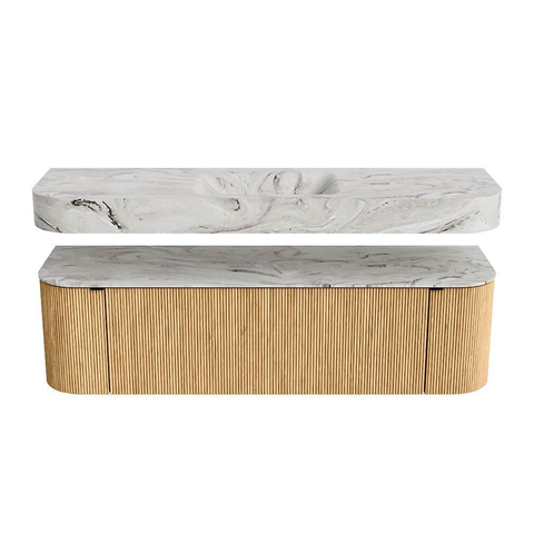 MONDIAZ THOR-DLUX 160cm meuble de salle de bains arrondi gauche + droite couleur Oak avec 1 tiroir et 2 portes. Vasque suspendue CLOUD Milieu sans trou de robinet couleur Glace. SW1464956