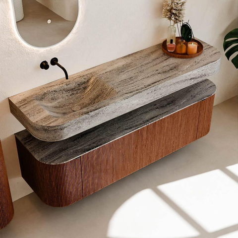 MONDIAZ THOR-DLUX 160cm meuble de salle de bains arrondi gauche + droite couleur Ruby avec 1 tiroir et 2 portes. Vasque suspendue CLOUD Gauche sans trou de robinet couleur Oza. SW1465330