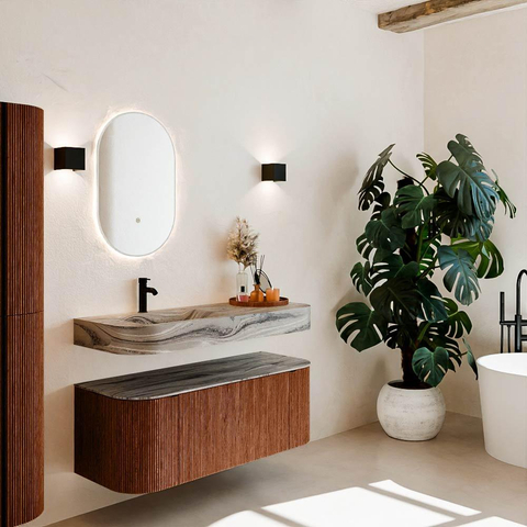MONDIAZ THOR-DLUX 120cm meuble de salle de bains arrondi gauche + droite couleur Ruby avec 1 tiroir et 2 portes. Vasque suspendue CLOUD Gauche 1 trou de robinet couleur Sombra. SW1463658