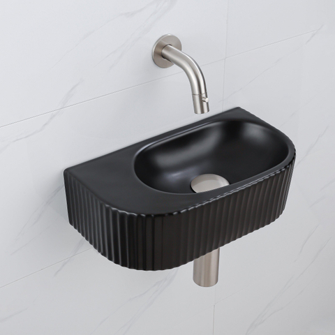 QeramiQ Fuente Ensemble de Lavabo - 40x21.5x12cm - strié - demi-rond - céramique - ensemble de robinet en acier inoxydable brossé - bouchon de vidange - siphon réduit - noir mat SW1233104