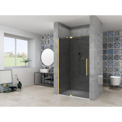 Van Rijn Products ST08 Porte pivotante pour niche - 130x200cm - verre fumé gris - épaisseur 8mm - 2 parties - profil mural - barre de stabilisation - Laiton SW1030612