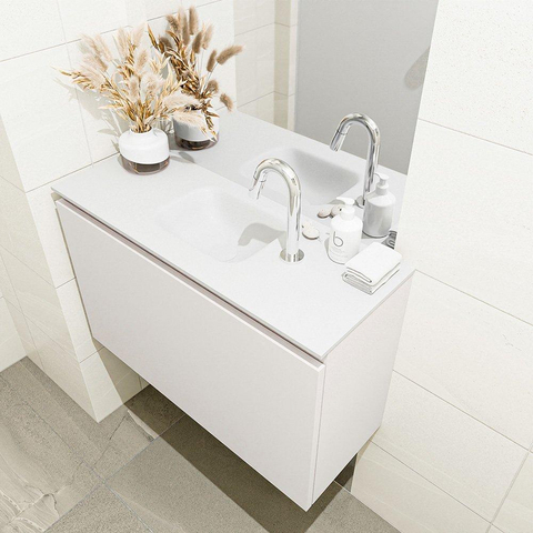MONDIAZ OLAN Toiletmeubel 80x30x40cm met 1 kraangaten 1 lades linen mat Wastafel Lex midden Solid Surface Wit SW473414
