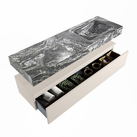 Mondiaz ALAN-DLUX Ensemble de meuble - 150cm - meuble Linen mat - 1 tiroir - Lavabo Cloud Lava suspendu - vasque droite - 1 trou de robinet SW807942