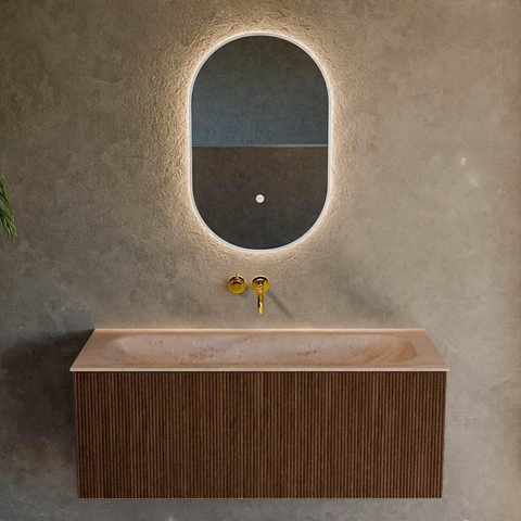 MONDIAZ KURVE-DLUX Meuble de salle de bains 110cm couleur Walnut avec 1 tiroir et 0 porte. Lavabo BIG MEDIUM Central sans trou de robinet Saba. SW1433184