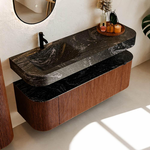 MONDIAZ THOR-DLUX 140cm meuble de salle de bains arrondi gauche + droite couleur Ruby avec 1 tiroir et 2 portes. Vasque suspendue CLOUD Gauche 1 trou de robinet couleur Lava. SW1464231