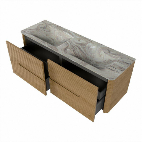 Mondiaz CIRO-DLUX Meuble de salle de bains - 140x45x50cm - Plan vasque solid surface Glace - 2 vasques double - 2 trous de robinetterie - 4 tiroirs - Chêne SW1530812