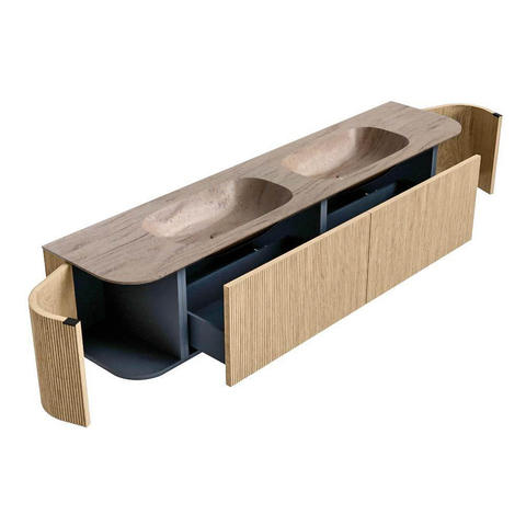 MONDIAZ KURVE-DLUX 200cm badmeubel ronding Links + Rechts kleur Oak met 2 lades en 2 deuren. Wastafel STOR SMALL Dubbel 2 kraangaten Saba. SW1433131