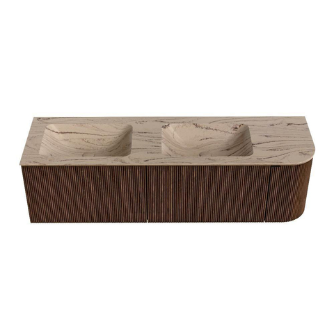 MONDIAZ KURVE-DLUX Meuble de salle de bains 155cm arrondi à droite couleur Walnut avec 2 tiroirs et 1 porte. Lavabo LEAF Double / Gauche sans trou de robinet Arena. SW1431246