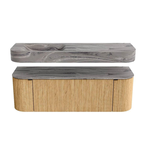 MONDIAZ THOR-DLUX 140cm meuble de salle de bains arrondi gauche + droite couleur Oak avec 1 tiroir et 2 portes. Vasque suspendue CLOUD Gauche sans trou de robinet couleur Sombra. SW1464348