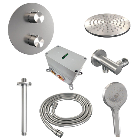 BRAUER Édition Brossée douche à effet pluie thermostatique encastrée - 3 voies - rond - ensemble 83 - douche principale de 20 cm - bras plafond - douchette à main 3 positions - flexible de douche - coude mural - inox brossé PVD SW1159156
