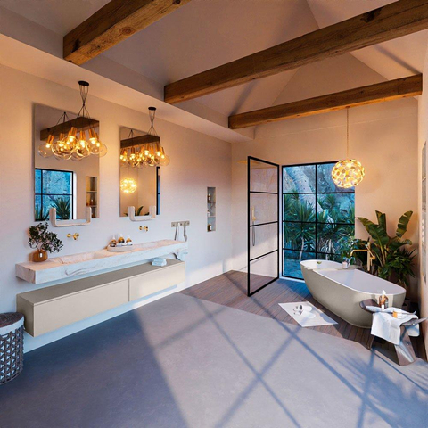 Mondiaz ALAN-DLUX Ensemble de meuble - 200cm - meuble Linen mat - 2 tiroirs - Lavabo Cloud Frappe suspendu - vasque Gauche et droite - 0 trous de robinet SW805092