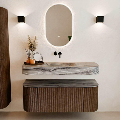 MONDIAZ THOR-DLUX 120cm meuble de salle de bains arrondi gauche + droite couleur Walnut avec 1 tiroir et 2 portes. Vasque suspendue CLOUD Centre sans trou de robinet couleur Sombra. SW1463675
