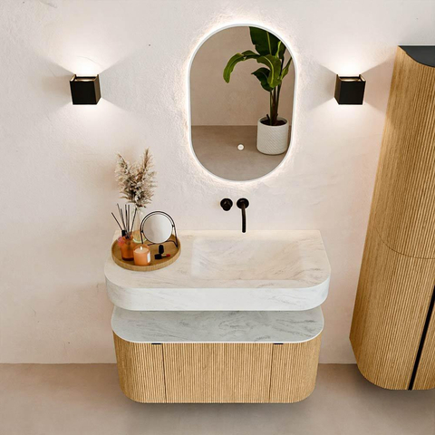 MONDIAZ THOR-DLUX 100cm badmeubel ronding links + rechts kleur Oak met 1 lade en 2 deuren. Vrijhangende wastafel CLOUD Rechts zonder kraangat kleur Opalo. SW1467313