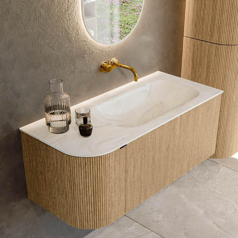 MONDIAZ KURVE-DLUX meuble de salle de bains 105 cm avec module 25 L couleur Oak avec 1 tiroir et 1 porte. Plan-vasque BIG SMALL à droite sans trou de robinetterie couleur Ostra. SW1137740