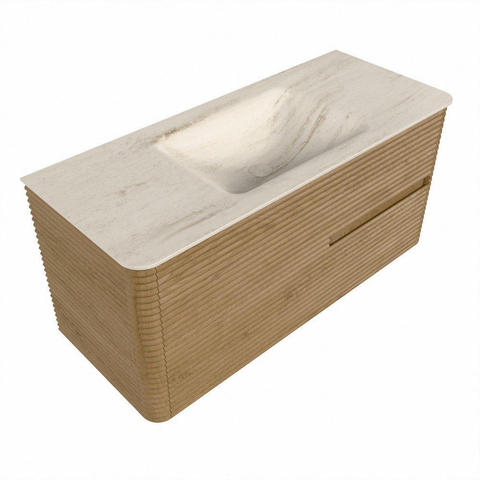 Mondiaz CIRO-DLUX Badkamermeubelset - 110x45x50cm - Solid surface wastafel Meli - 1 wasbak Midden - zonder kraangaten - 2 lades - Oak SW1531386