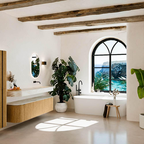 MONDIAZ THOR-DLUX 180cm badmeubel ronding links + rechts kleur Oak met 2 lades en 2 deuren. Vrijhangende wastafel CLOUD Rechts zonder kraangat kleur Ostra. SW1465919