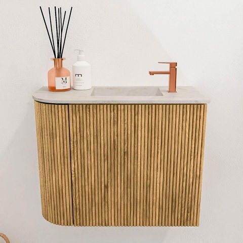 Mondiaz JOYA-DLUX 51.6cm toiletmeubel - ronding links kleur Oak - Wastafel FAYE positie Rechts 1 kraangat kleur Ostra. SW1422276