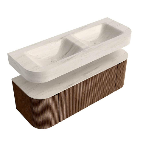 MONDIAZ THOR-DLUX 130cm meuble de salle de bains arrondi gauche + droite couleur Walnut avec 1 tiroir et 2 portes. Vasque suspendue CLOUD Double 2 trous de robinet couleur Meli. SW1463863