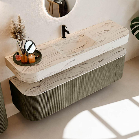 MONDIAZ THOR-DLUX 160cm meuble de salle de bains arrondi gauche + droite couleur Shadow avec 1 tiroir et 2 portes. Vasque suspendue CLOUD Milieu 1 trou de robinet couleur Nata. SW1465284