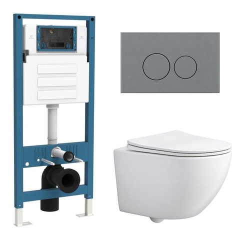 QeramiQ Dely Swirl Compact Toiletset - inbouwreservoir QeramiQ flush - slim zitting - kunststof bedieningsplaat licht grijs - ronde knoppen - mat wit SW1590792