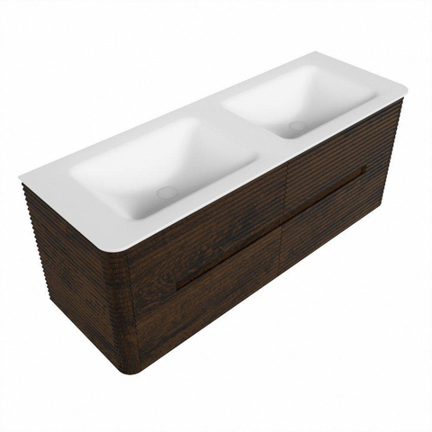 Mondiaz CIRO Ensemble de meuble de salle de bains - 130x45x50cm - Vasque solid surface Talc - 2 vasques double - 2 trous de robinet - 4 tiroirs - Noyer SW1533587