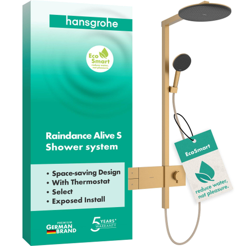 Hansgrohe Raindance Alive ensemble de douche pluie apparent – douche de tête Ø 30 cm – barre de douche – bronze brossé – EcoSmart SW1387665
