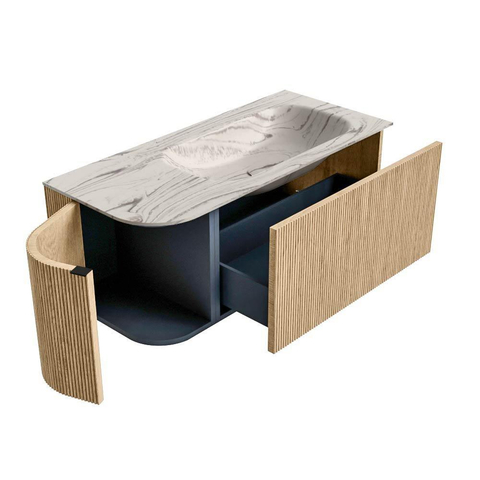 MONDIAZ KURVE-DLUX 105cm badmeubel ronding Links kleur Oak met 1 lade en 1 deur. Wastafel BIG SMALL Rechts zonder kraangat Nata. SW1432068