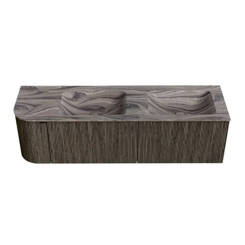 MONDIAZ KURVE-DLUX Meuble de salle de bains 155cm arrondi à gauche couleur Shadow avec 2 tiroirs et 1 porte. Lavabo LEAF Double / Droite sans trou de robinet Sombra. SW1433793