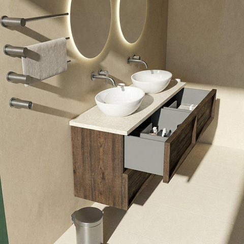 Saniclass Holz Frame Badkamermeubelset - 140x45x63cm - Travertine natuurstenen topblad - zonder kraangat - 4 lades - mat eiken charcoal (hout) SW1580066