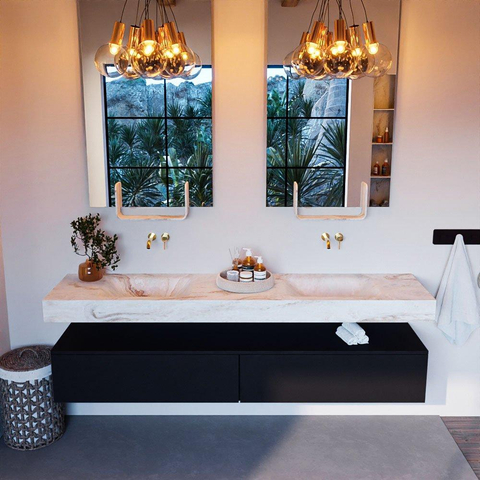 Mondiaz ALAN-DLUX Ensemble de meuble - 200cm - meuble Urban mat - 2 tiroirs - Lavabo Cloud Frappe suspendu - vasque Gauche et droite - 0 trous de robinet SW804684