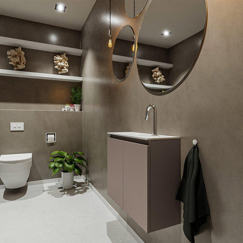 MONDIAZ TURE Fonteinset - 60x23x50cm - 1 kraangat - 2 deuren - smoke mat - Wasbak midden - Solid Surface Wit SW474952