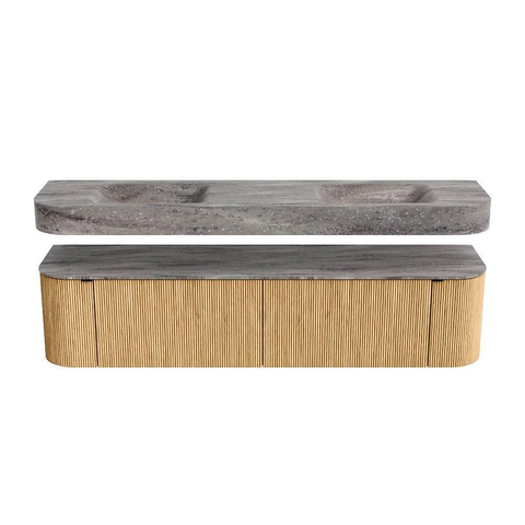 MONDIAZ THOR-DLUX 190cm meuble de salle de bains arrondi gauche + droite couleur Oak avec 2 tiroirs et 2 portes. Vasque suspendue CLOUD Double 2 trous de robinet couleur Oza. SW1466809