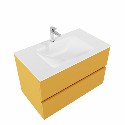 MONDIAZ VICA Ensemble de meuble salle de bain - 80cm - 2 tiroirs - lavabo Cloud central - 1 trou de robinet - solid surface ocre SW411088