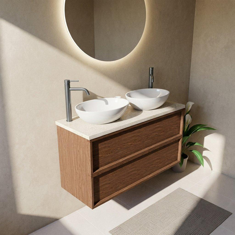 Saniclass Holz Frame Badkamermeubelset - 120x45x63cm - Travertine natuurstenen topblad - 2 kraangaten - 2 lades - mat walnut pure (hout) SW1580041