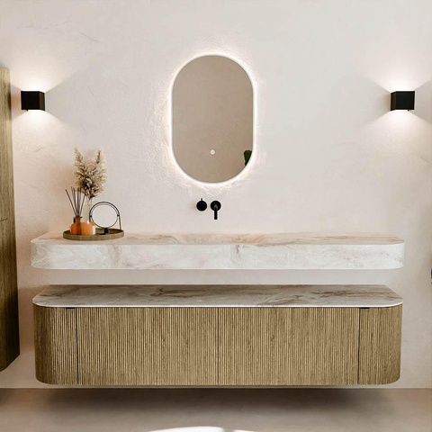 MONDIAZ THOR-DLUX Meuble de salle de bains 190cm arrondi gauche + droite couleur Dusk avec 2 tiroirs et 2 portes. Vasque suspendue CLOUD Milieu sans trou de robinet couleur Frappe. SW1466454