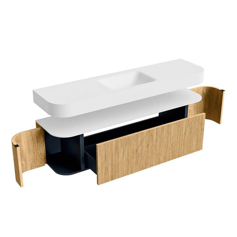 MONDIAZ THOR 170cm badmeubel ronding links + rechts kleur Oak met 1 lade en 2 deuren. Vrijhangende wastafel CLOUD Midden zonder kraangat kleur Talc. SW1465413